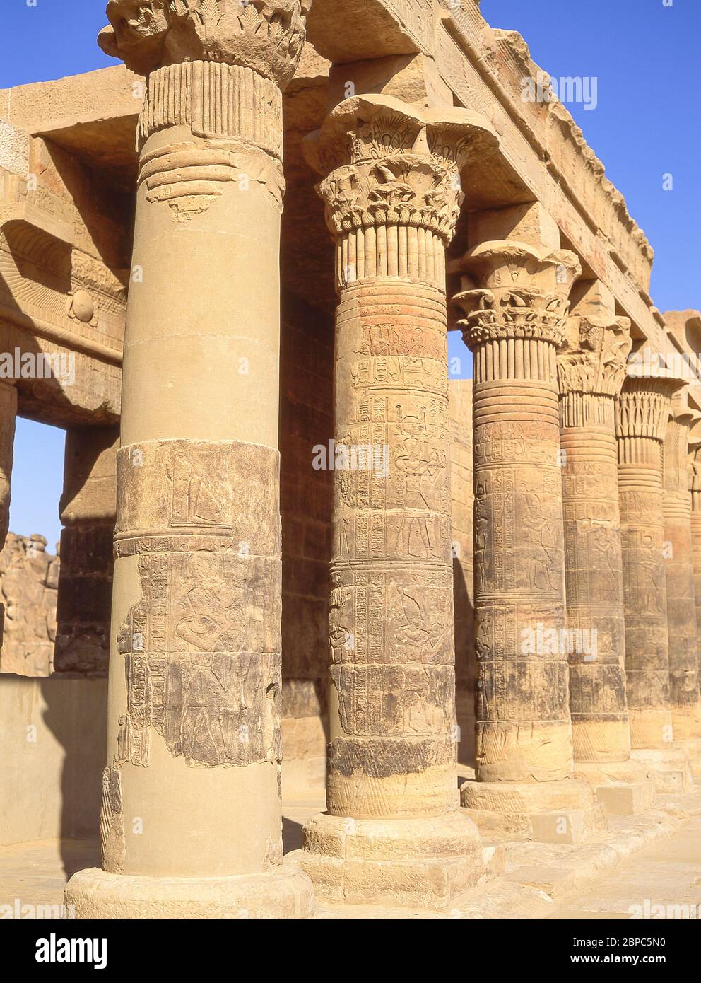 Eastern colonnade of the forecourt, The Temple of Isis, Agikia Island, Lake Nasser, Aswan, Aswan Governorate, Republic of Egypt Stock Photo