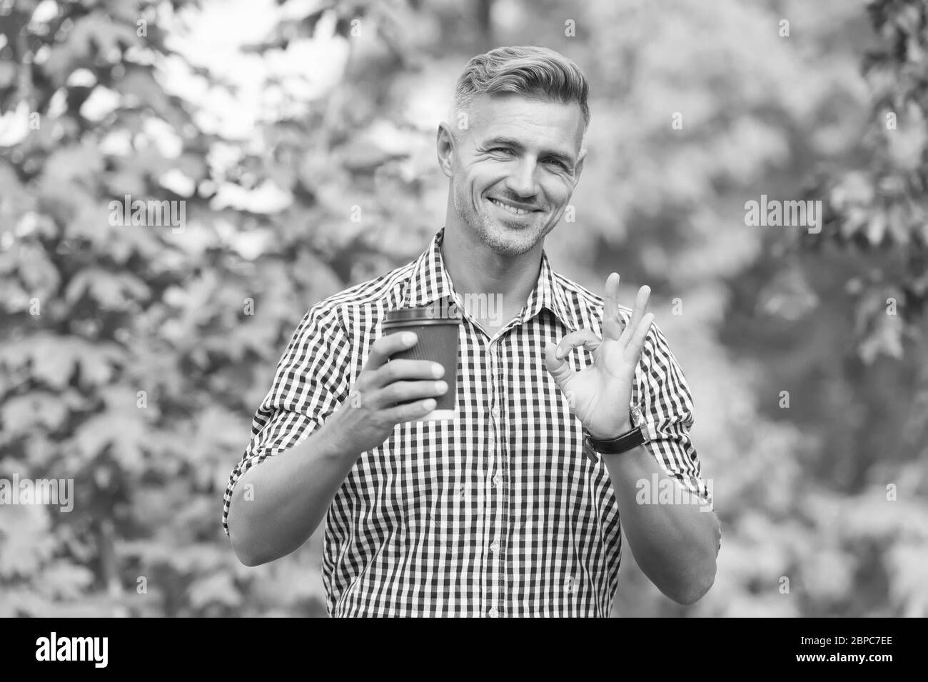 Perfect cappuccino. Coffee plantation owner. Man drinking coffee paper ...