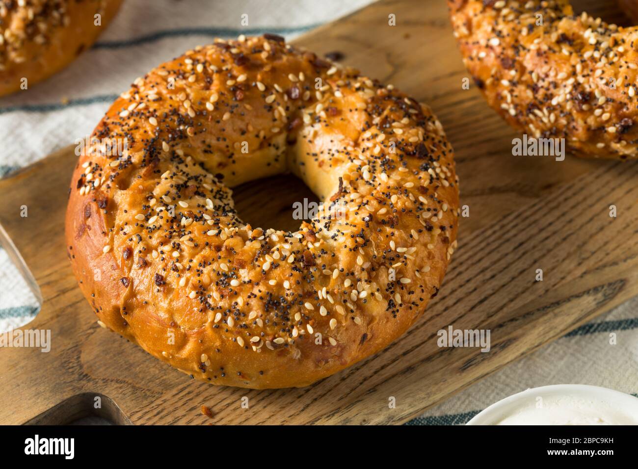 Homemade Toasted Everything New York Bagel with Cream Cheese Stock