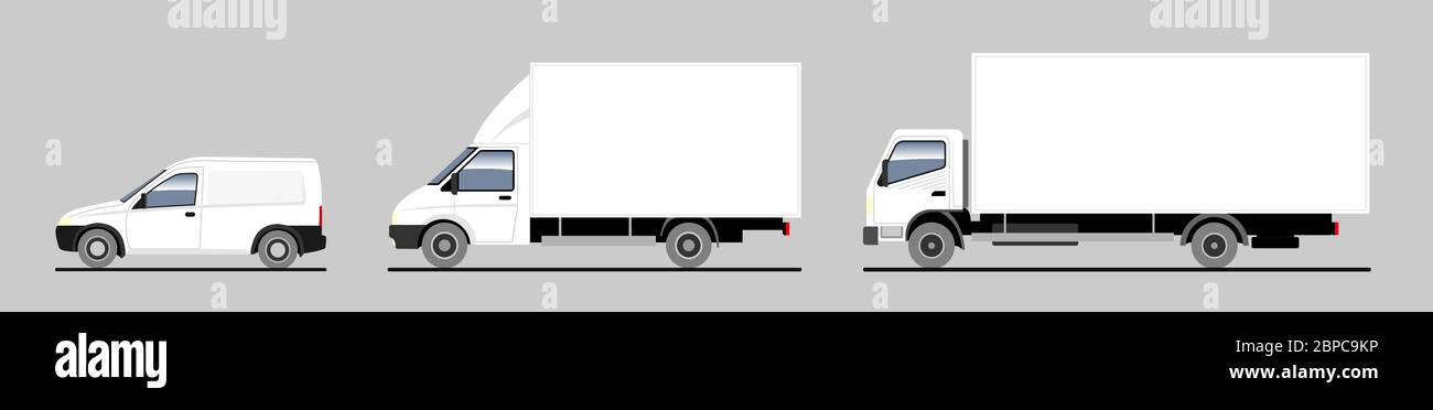 Vector set of different trucks, lorry, van. White blank template truck for advertising; mockup. Freight transportation. Modern flat vector illustratio Stock Vector