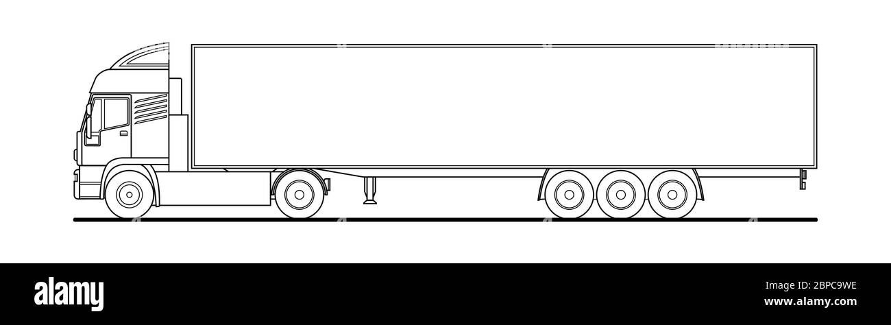 Vector outline truck, lorry, with semitrailer, side view. White blank template for truck, semi-trailer for advertising, for coloring book. Freight tra Stock Vector
