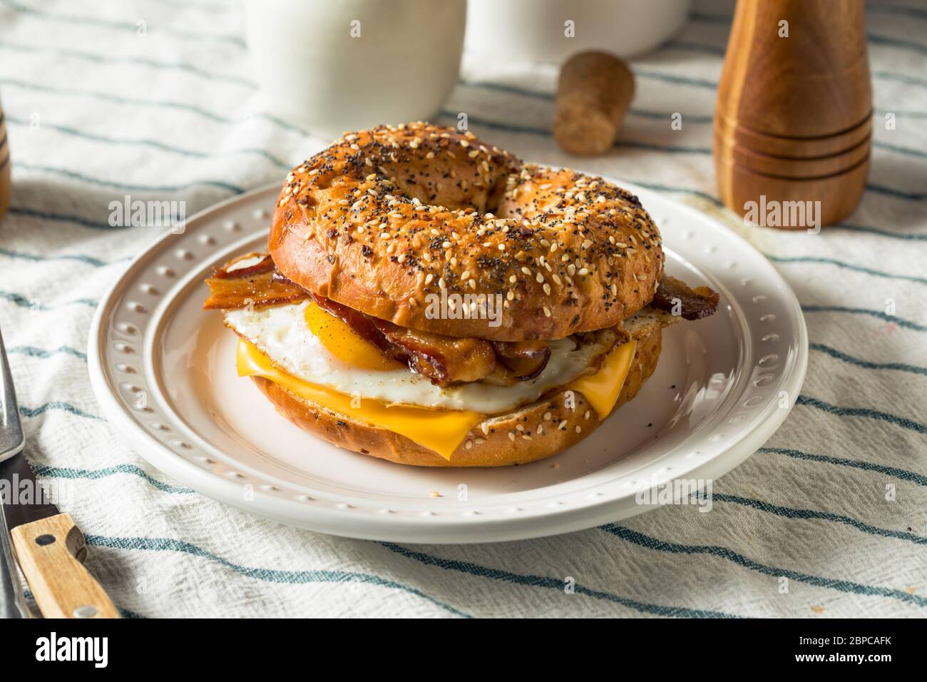 Homemade Fried Egg Bagel Sandwich with Cheese and Bacon Stock Photo Alamy