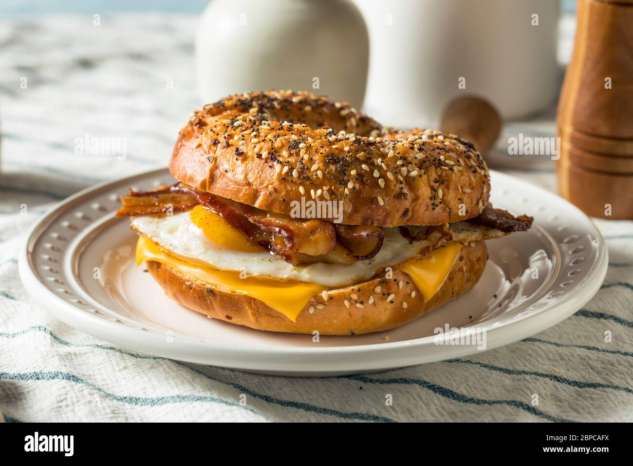Homemade Fried Egg Bagel Sandwich with Cheese and Bacon Stock Photo Alamy