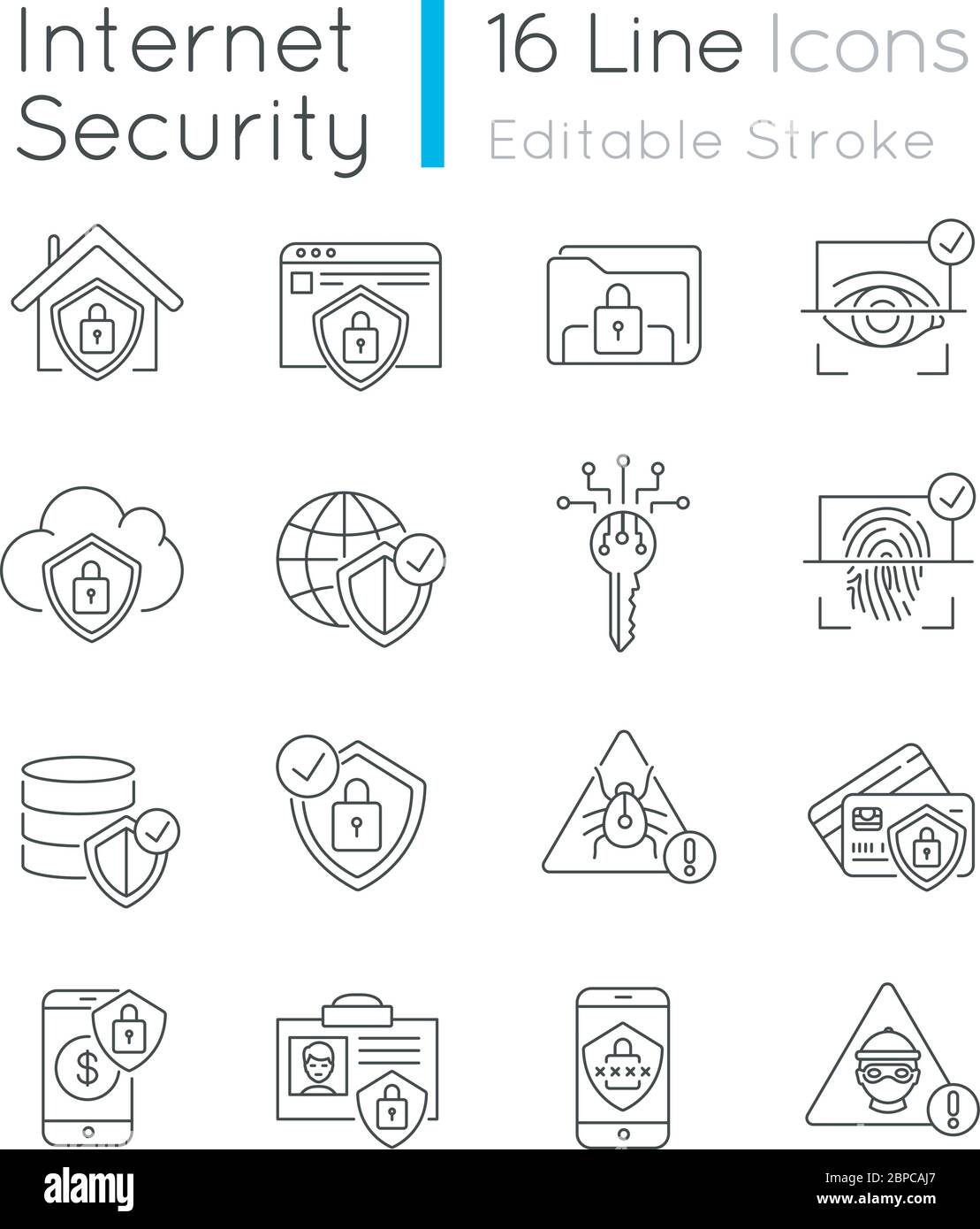 Internet security system pixel perfect linear icons set Stock Vector
