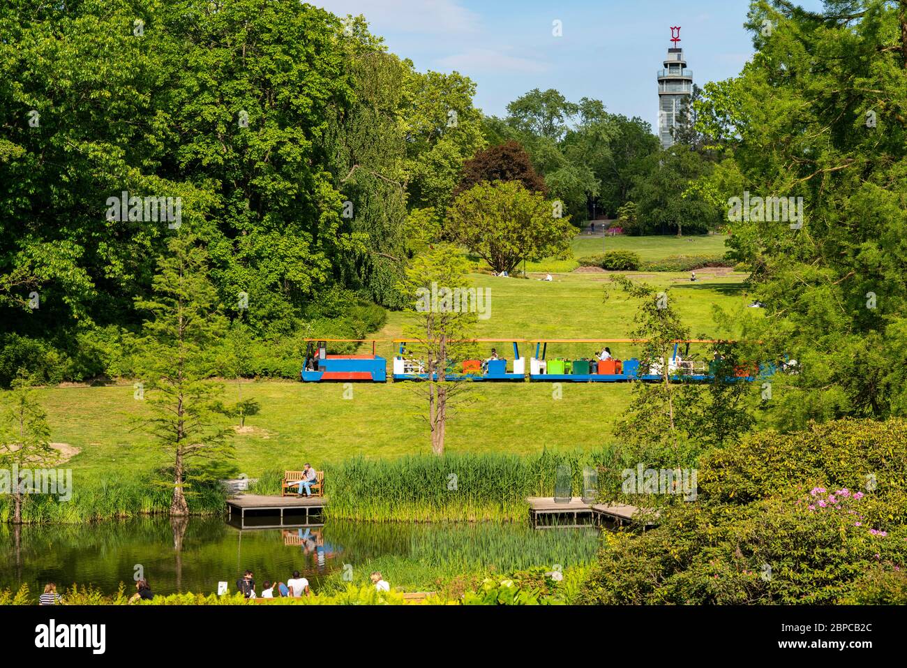 The Grugapark, the Alpinum, view of the Grugaturm, Grugabahn, in Essen, NRW, Germany Stock Photo