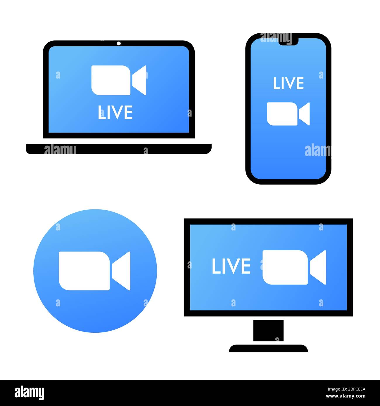 Blue camera icon - Live media streaming application on different devices - laptop, smartphone, tv, tablet, monitor, conference video calls with Stock Vector