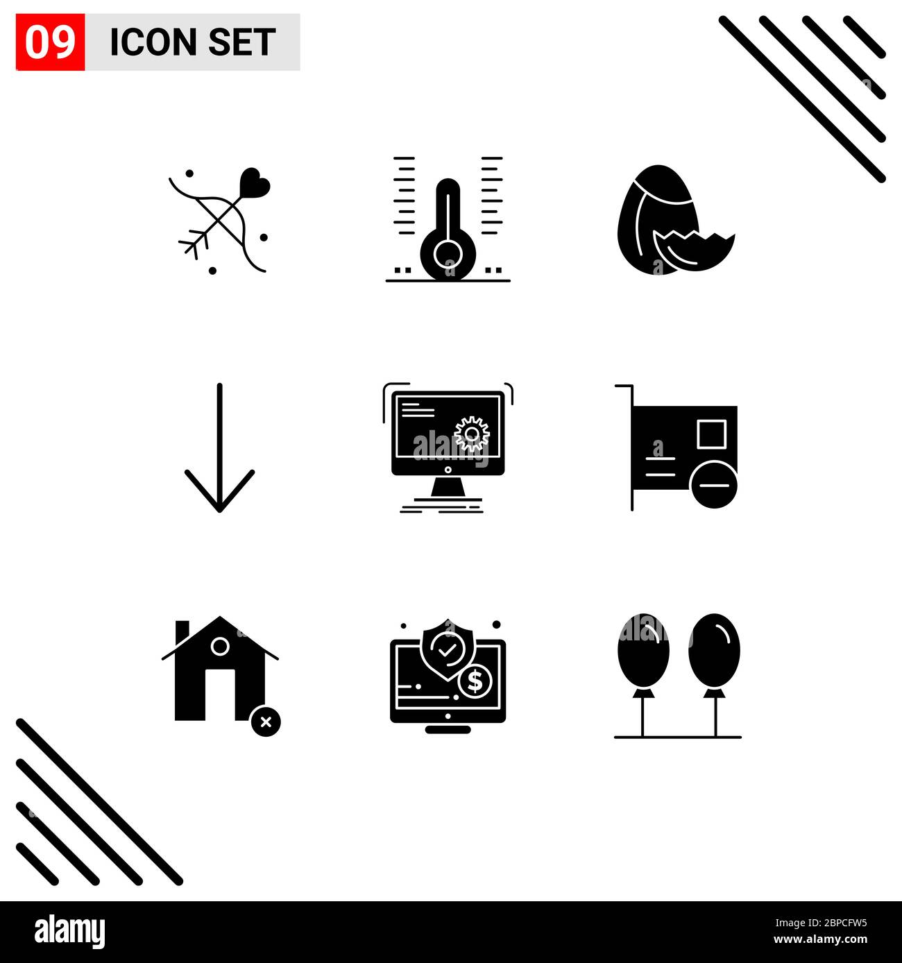 Pictogram Set of 9 Simple Solid Glyphs of process, computer, thermometer, command, arrow Editable Vector Design Elements Stock Vector