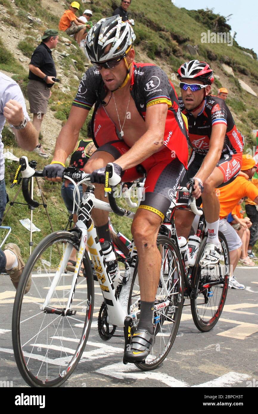 Lance Armstrong of RadioShack and Christophe Moreau of Caisse D'Epargne  during the Paris - Nice 2010, Stage16 cycling race, Bagnères-de-Luchon –  Pau (199,5 Km) on July 20, 2010 in La Mongie, France -