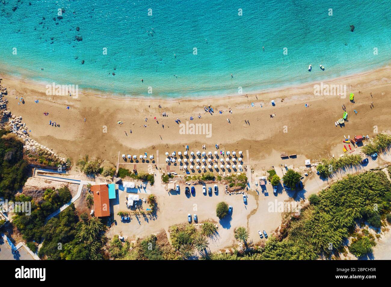 Sea and beach, aerial top view. Cyprus mediterranean sandy coast lagoon. Stock Photo