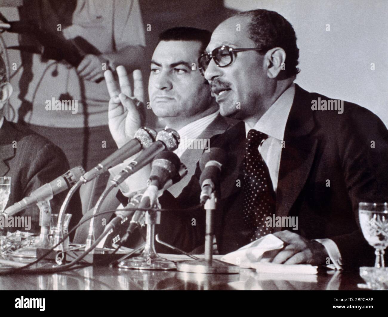 Anwar Sadat Third President of Egypt with Vice President Hosni Mubarak who later became the Fourth President of Egypt Stock Photo