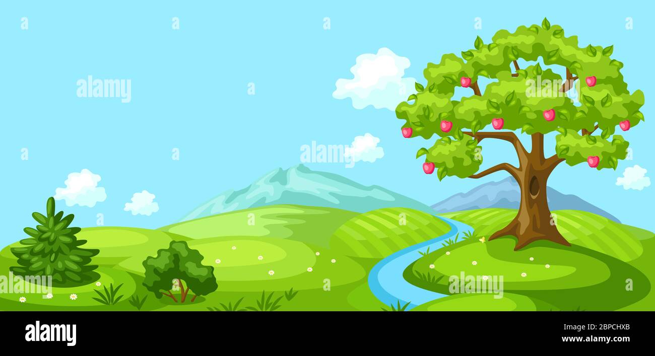 Summer landscape with trees, mountains and hills Stock Vector Image ...