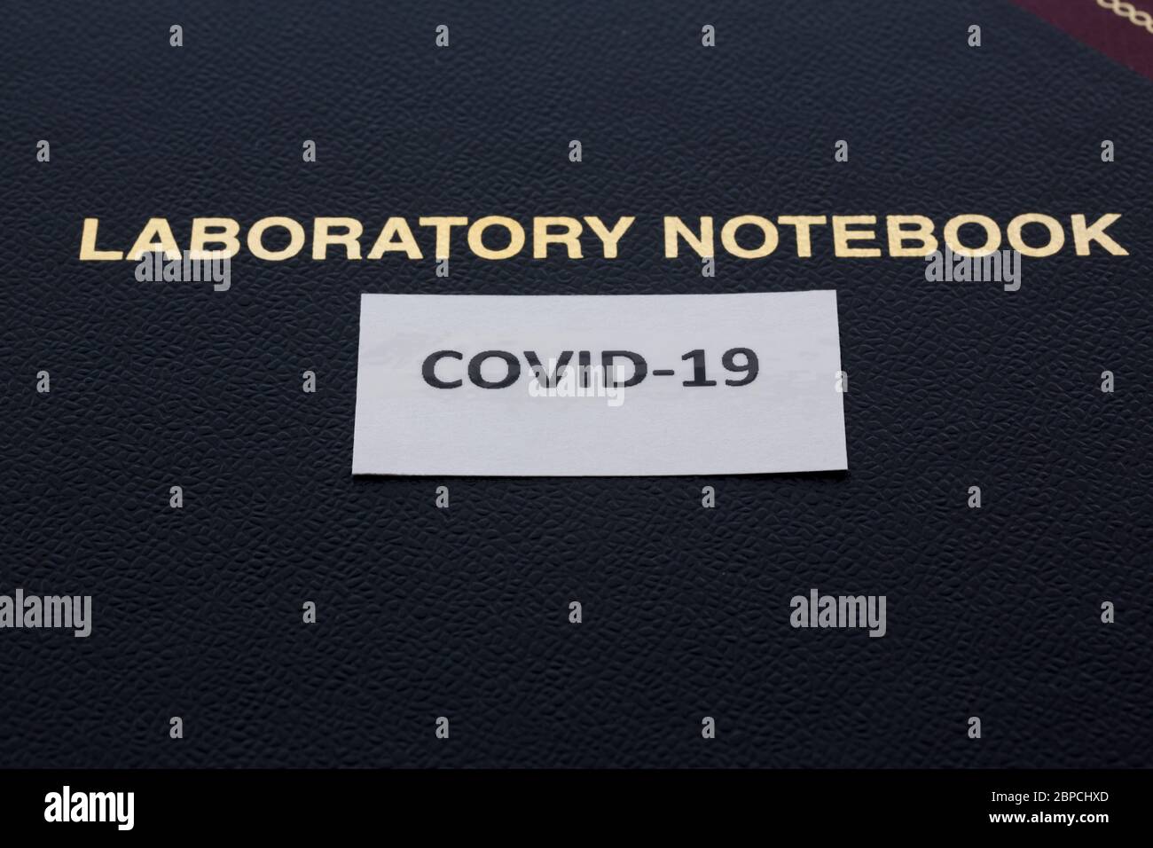 Black lab book of data-based research with LABORATORY NOTEBOOK witten on it with COVID-19 subtitle card added Stock Photo