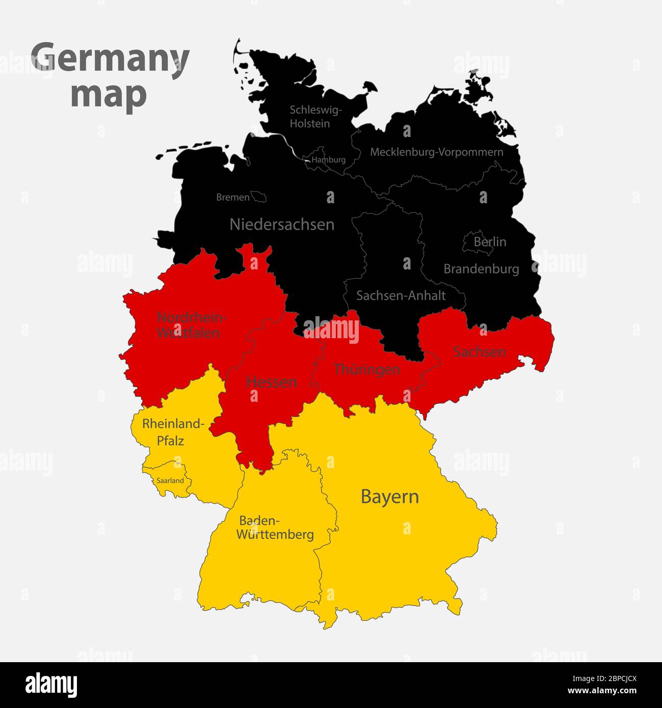 Map of the Germany in the colors of the flag with administrative