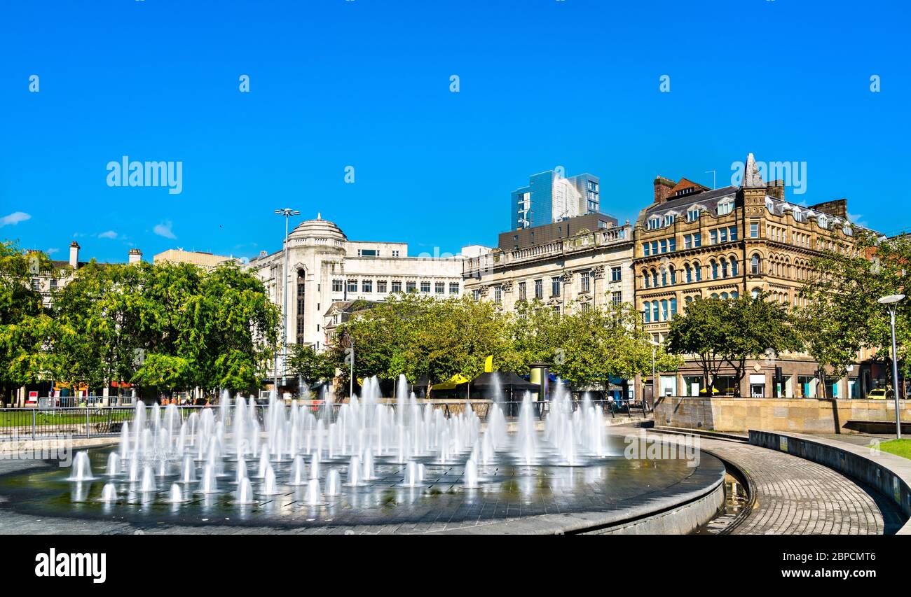 Fountains at Piccadilly garden in Manchester, England Stock Photo