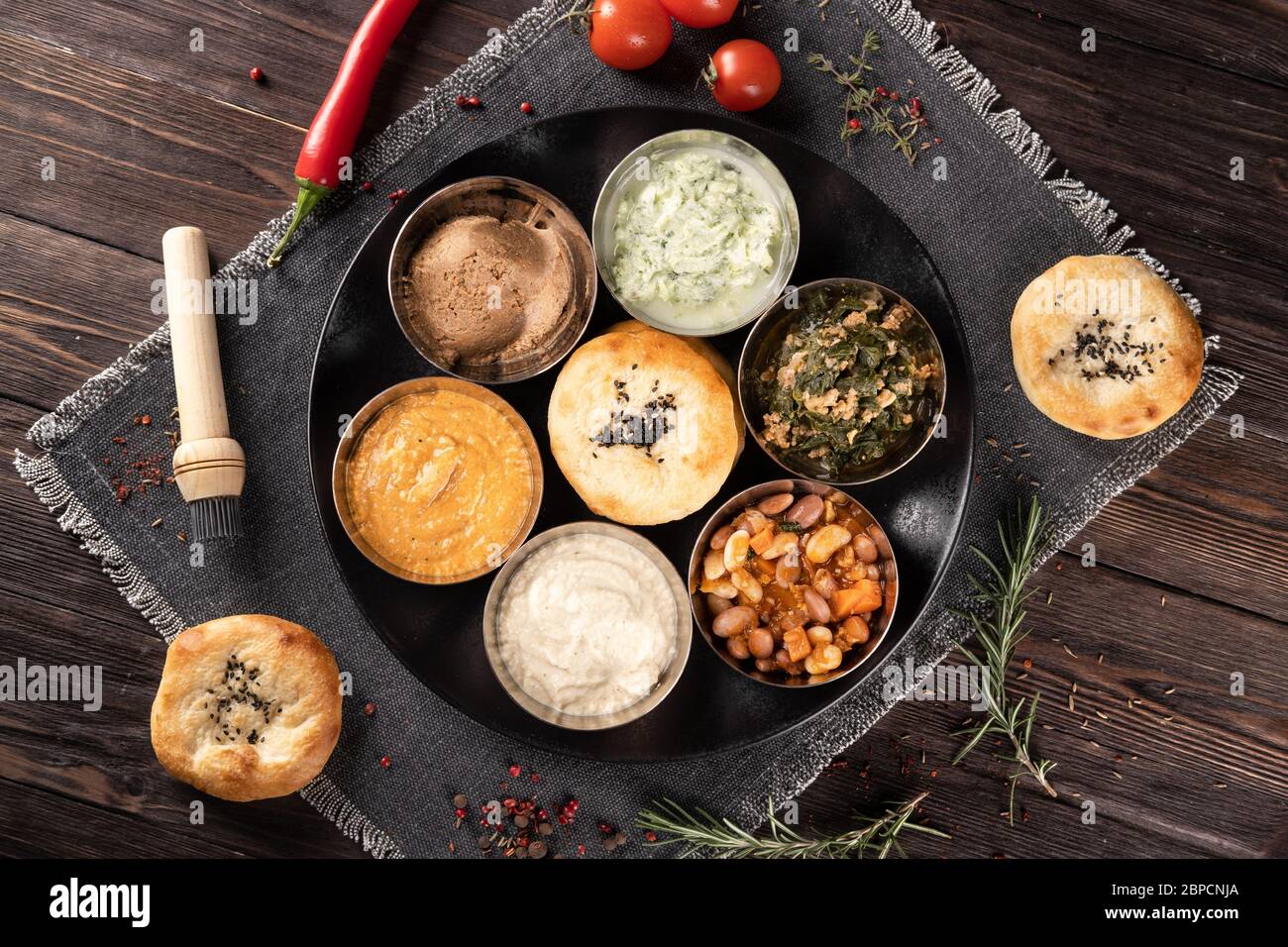 Assorted several Turkish snacks. Serving on a plate with tortillas