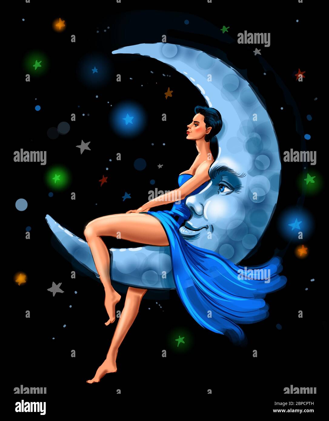Woman sitting on crescent moon hires stock photography and images Alamy