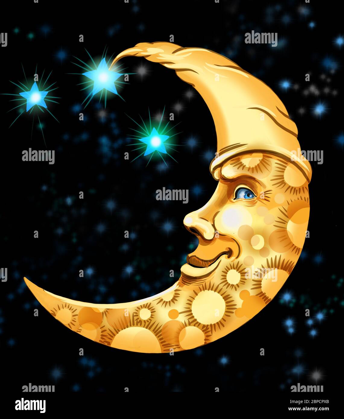 Crescent moon face in night starry sky. Digital illustration Stock