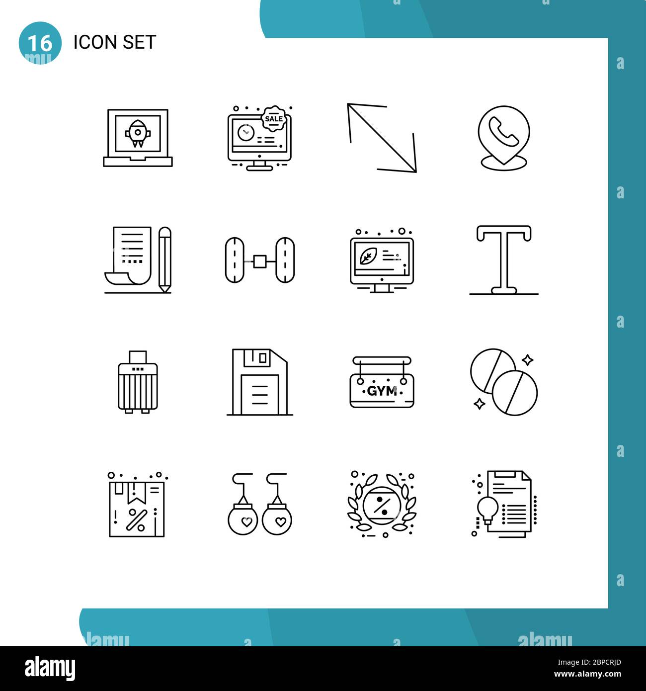16 Universal Outline Signs Symbols of notebook, jotter, arrow, location, phone Editable Vector Design Elements Stock Vector