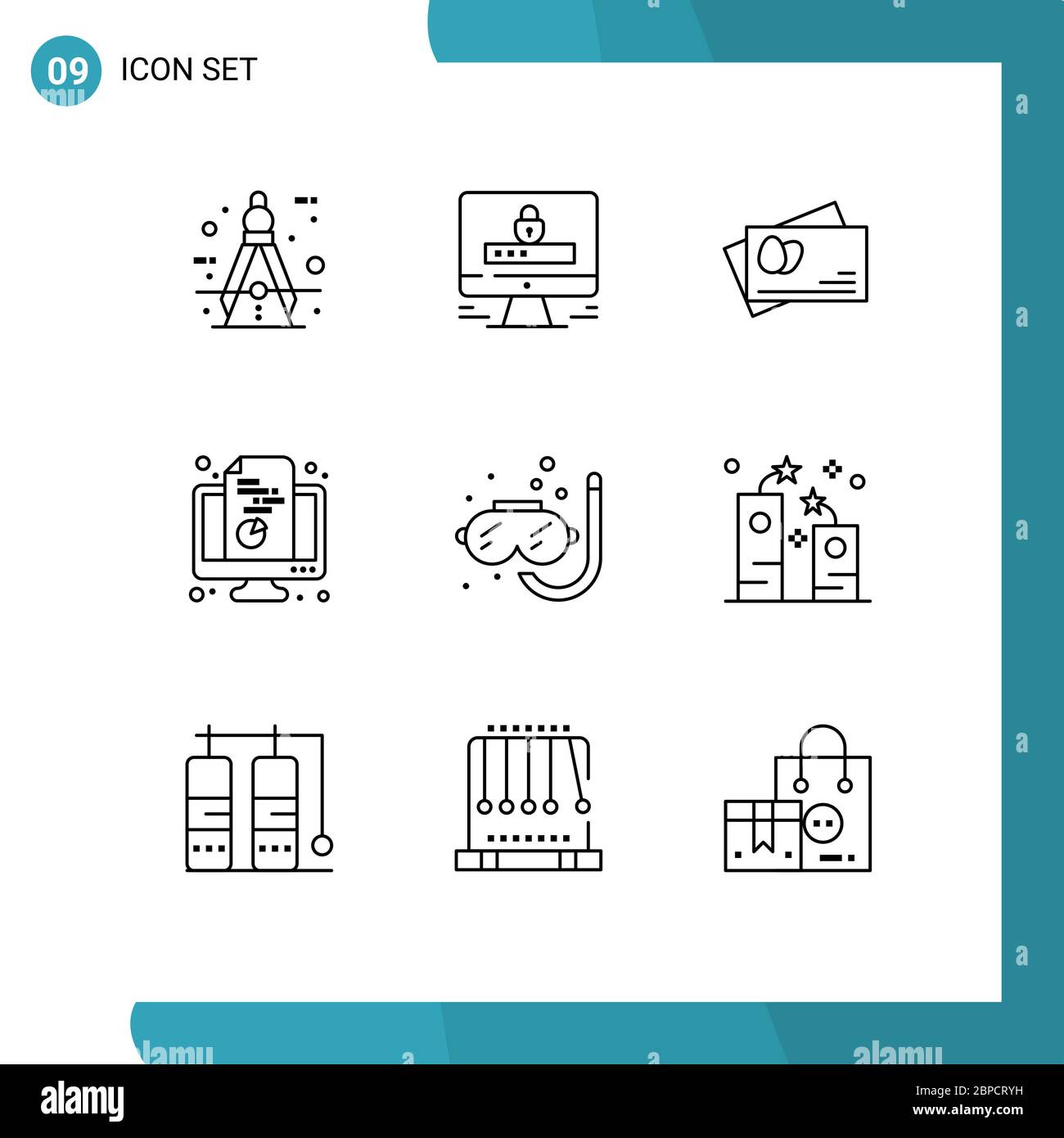 Stock Vector Icon Pack of 9 Line Signs and Symbols for diving, pie