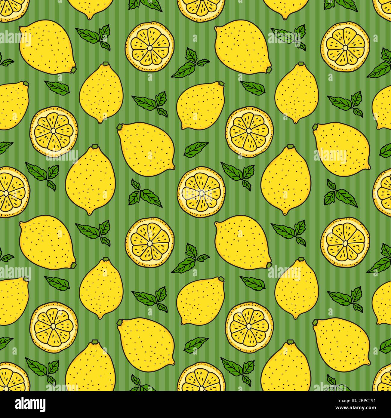 Lemon and a round slice on green striped Seamless pattern. Vector hand drawn illustration. Surface yellow color minimalist texture design background. Stock Vector