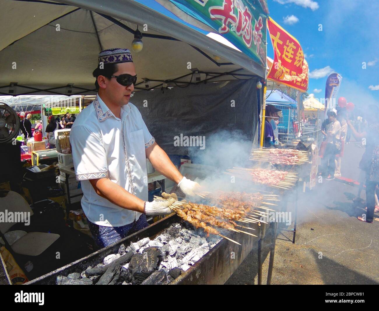 Markham, Ontario / Canada - June 24, 2017:  Traditional Chinese Street Food, Skewers Meat On Barbecue Grill at Taste of Asia, Markham, Ontario, Canad Stock Photo