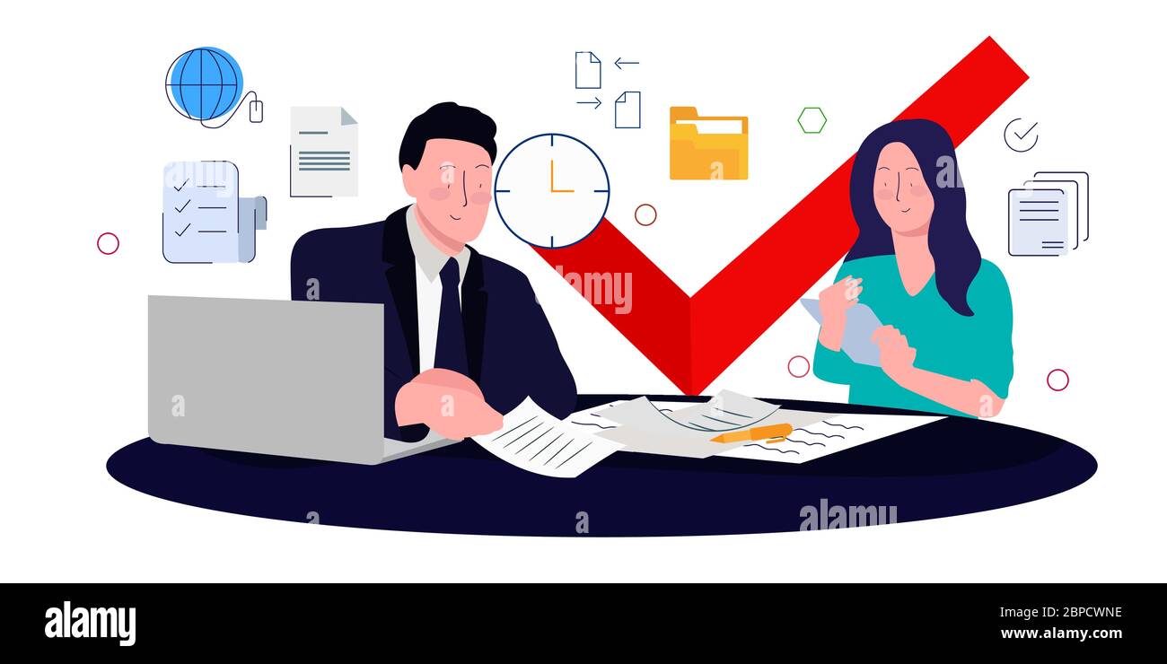 Manager is validating customer data submitted by his female staff. Red Check mark concept approval in business Stock Vector