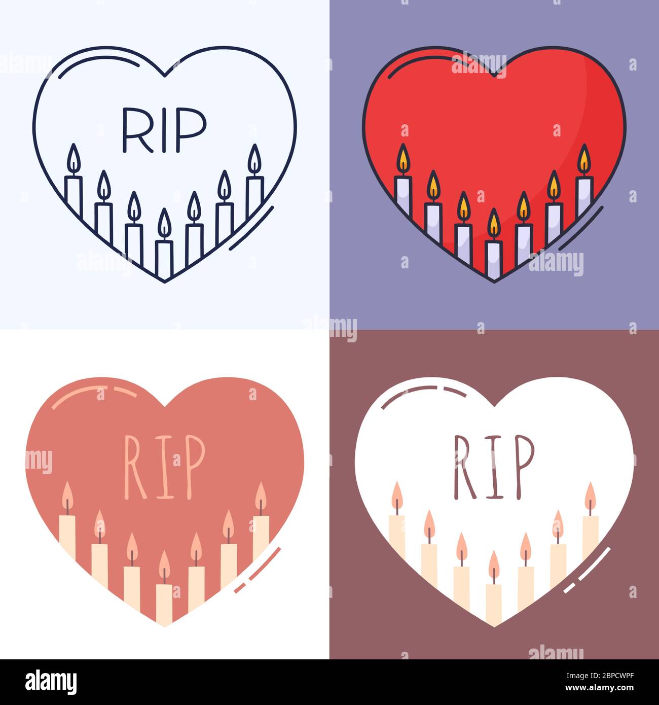 Candles inside the heart outline icon set. The concept of grief, loss ...