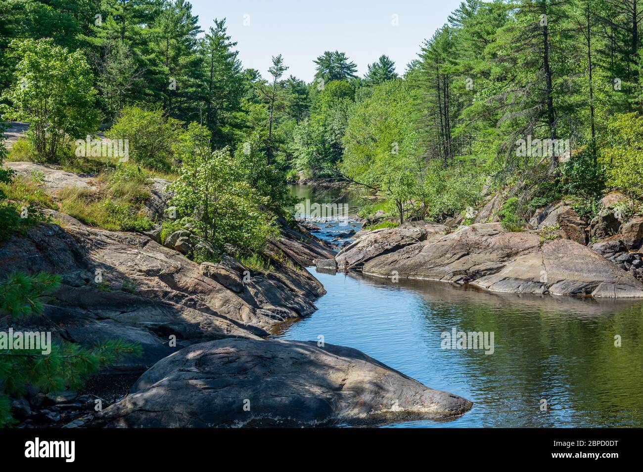 Victoria Falls Conservation Area  showing main falls area, two tone textured rocks and green forest on a sunny summer gorgeous day Stock Photo