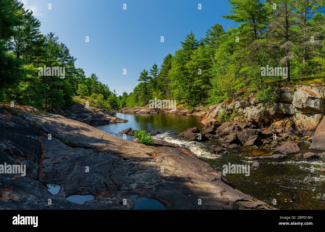 Victoria Falls Conservation Area  showing main falls area, two tone textured rocks and green forest on a sunny summer gorgeous day Stock Photo