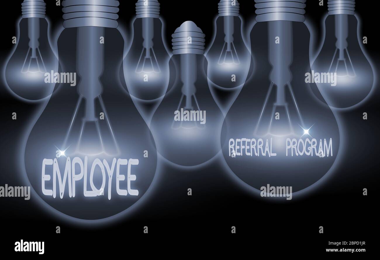 Text sign showing Employee Referral Program. Business photo text employees are rewarded for introducing recruits Stock Photo