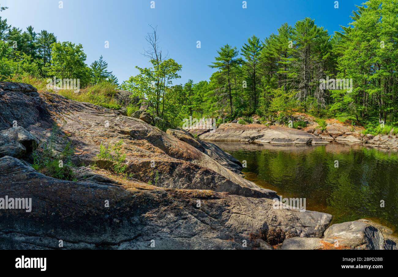 Victoria Falls Conservation Area  showing main falls area, two tone textured rocks and green forest on a sunny summer gorgeous day Stock Photo