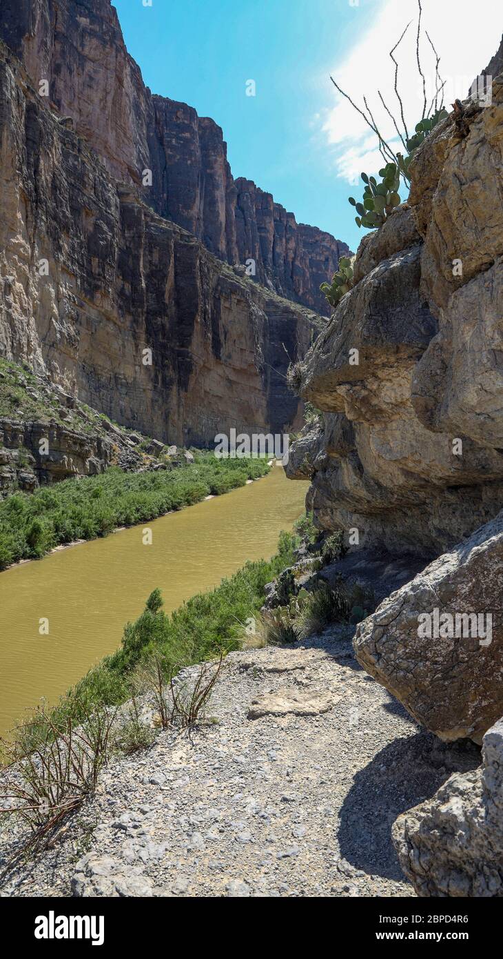 The east end of Santa Elena Canyon is in Big Bend National Park. The canyon was carved through Mesa de Anguila by the Rio Grande. Stock Photo