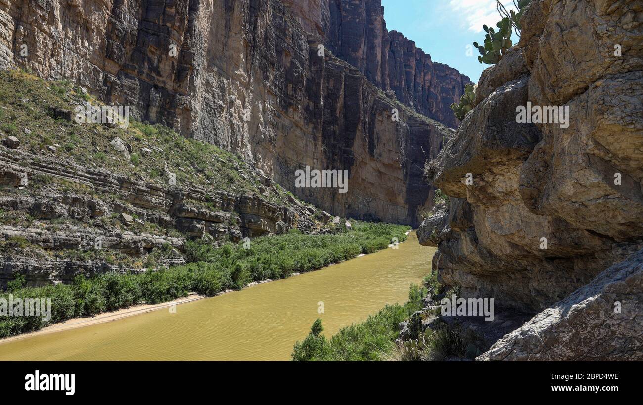 The east end of Santa Elena Canyon is in Big Bend National Park. The canyon was carved through Mesa de Anguila by the Rio Grande. Stock Photo