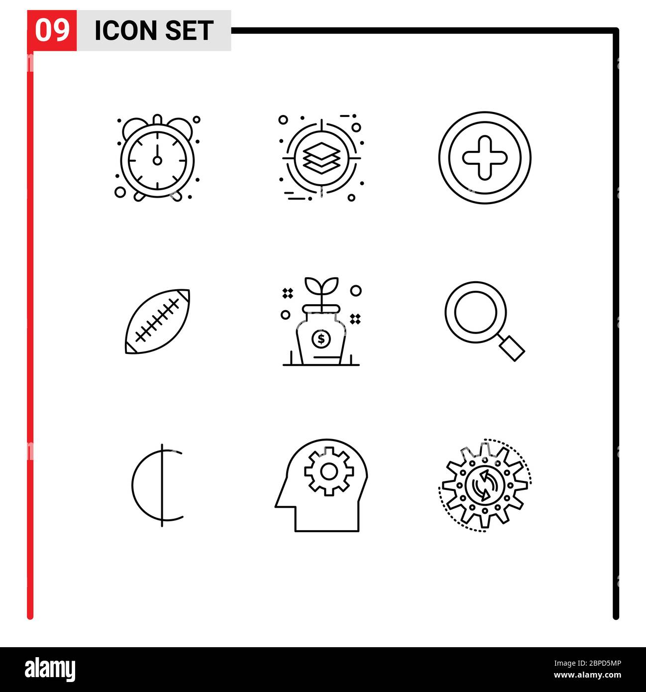 Group of 9 Modern Outlines Set for business, sport, plus, rugby ball, football Editable Vector Design Elements Stock Vector