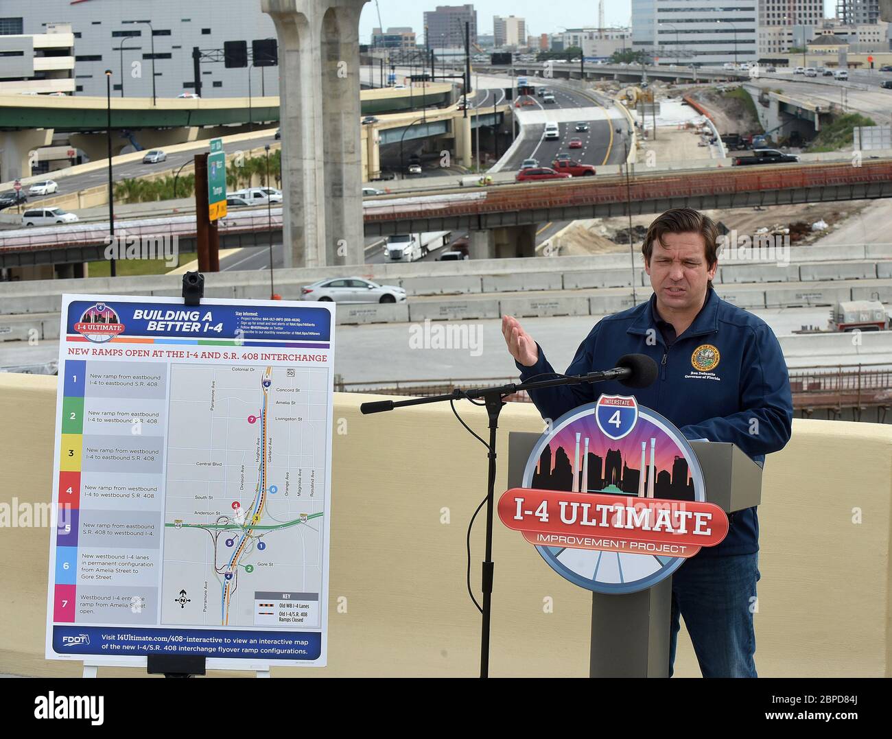 May 18, 2020 - Orlando, Florida, United States - Florida Gov. Ron DeSantis speaks at a news conference on May 18, 2020 at the newly completed I-4 and State Road 408 interchange which will open to traffic tonight in downtown Orlando, Florida. DeSantis explained that progress on the 21-mile I-4 Ultimate Project was expedited at his direction due to the decrease in traffic during the coronavirus crisis. (Paul Hennessy/Alamy) Stock Photo