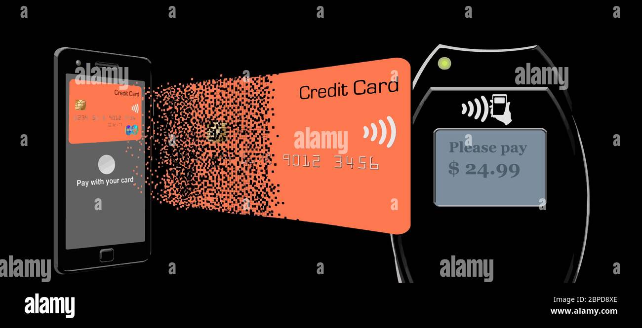 A credit card dissolves into pixel as it leaves a cell phone and assimilates again as it reaches a tap to pay terminal. Theme: Using phone for tap n p Stock Vector