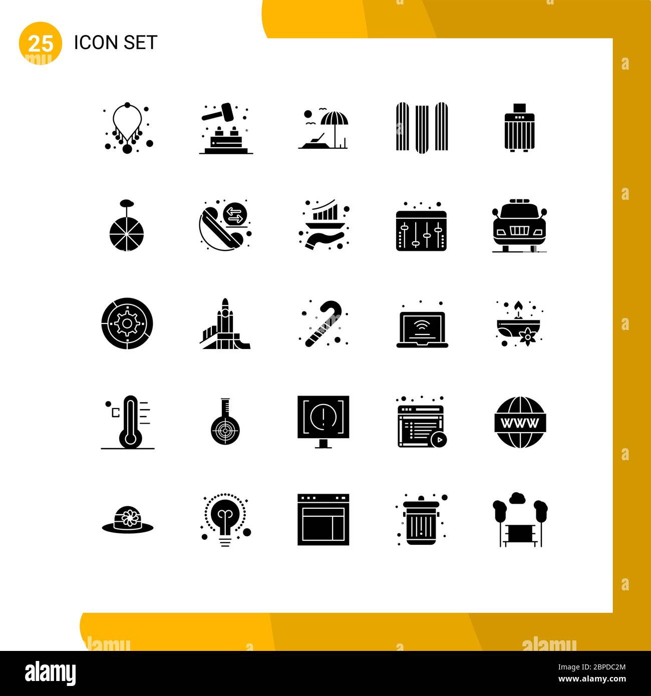 Modern Set of 25 Solid Glyphs and symbols such as wheel, handbag, sunbed, luggage, files Editable Vector Design Elements Stock Vector