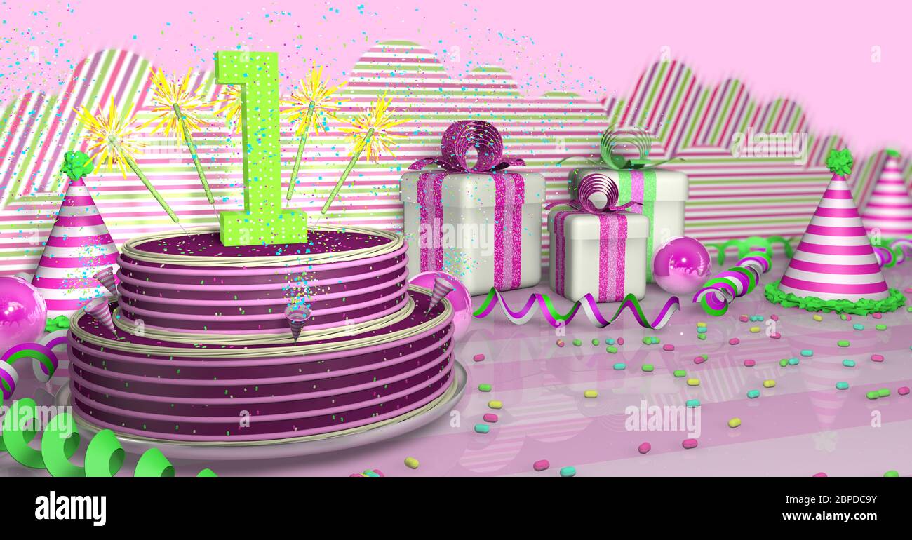 Purple round 1 birthday cake decorated with colorful sparks and pink lines on a bright table with green streamers, party hats and gift boxes with pink Stock Photo