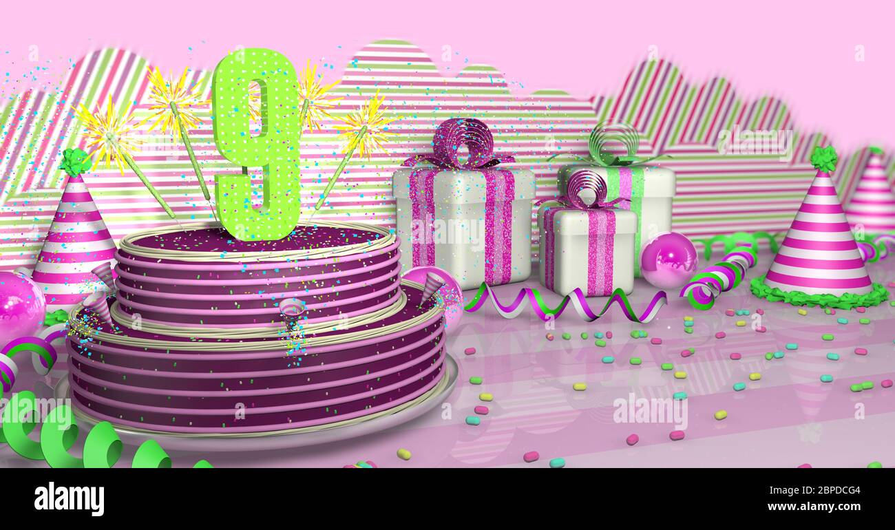 Purple round 9 birthday cake decorated with colorful sparks and pink lines on a bright table with green streamers, party hats and gift boxes with pink Stock Photo