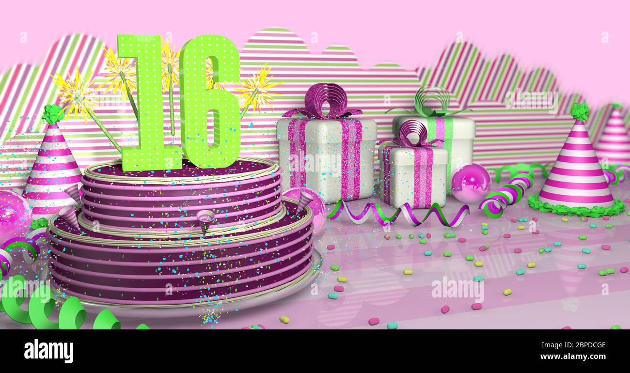 Purple round 16 birthday cake decorated with colorful sparks and pink lines on a bright table with green streamers, party hats and gift boxes with pin Stock Photo