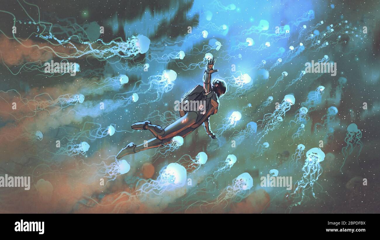astronaut floating with glowing jellyfishes in space, digital art style, illustration painting Stock Photo