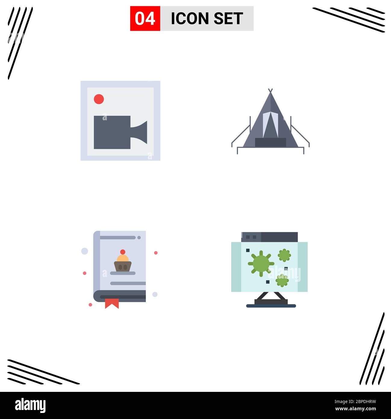 Flat Icon Pack of 4 Universal Symbols of cam, baking, video, camp, book Editable Vector Design Elements Stock Vector