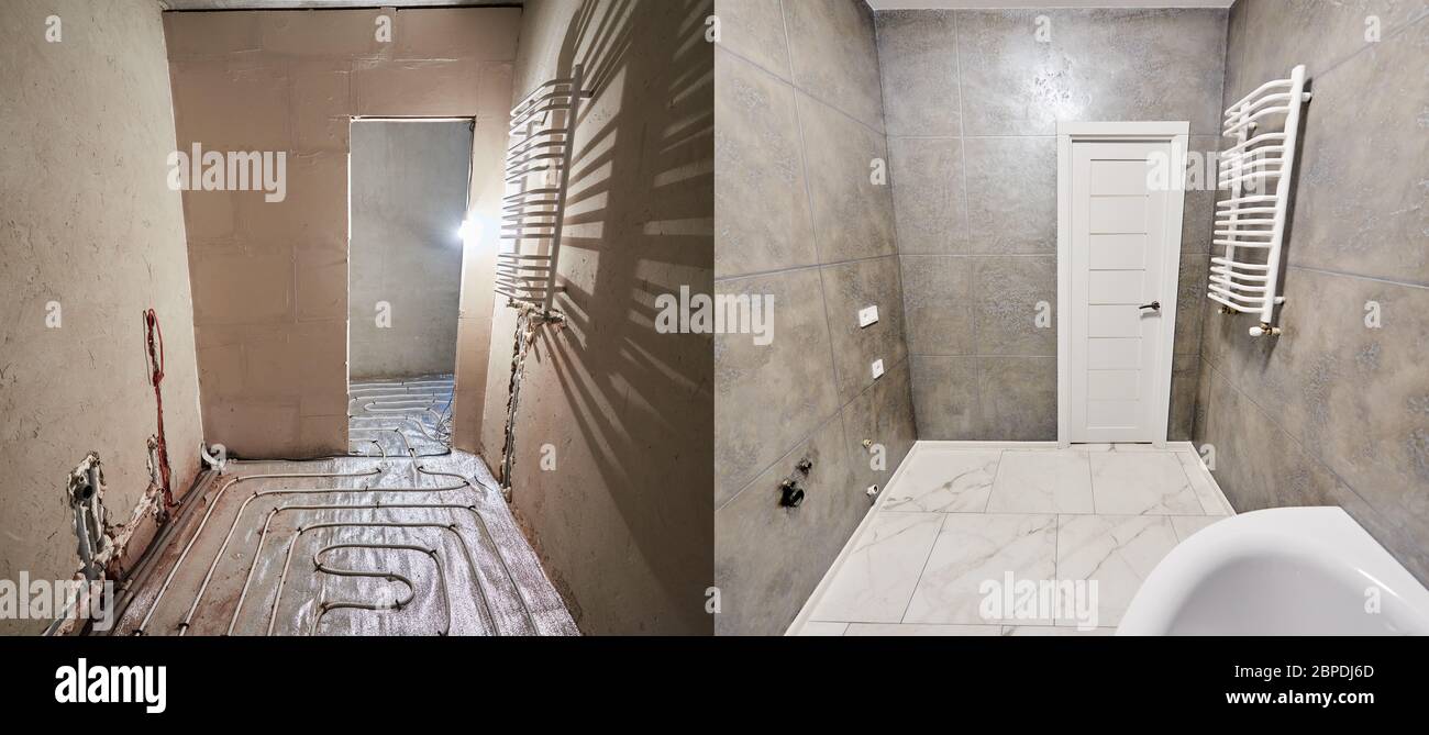 Comparison of bathroom in apartment before after renovation. Big light new bathroom in grey tones with white warm tiled floor, white doors vs unfinished room, empty doorway, floor heating pipe system Stock Photo