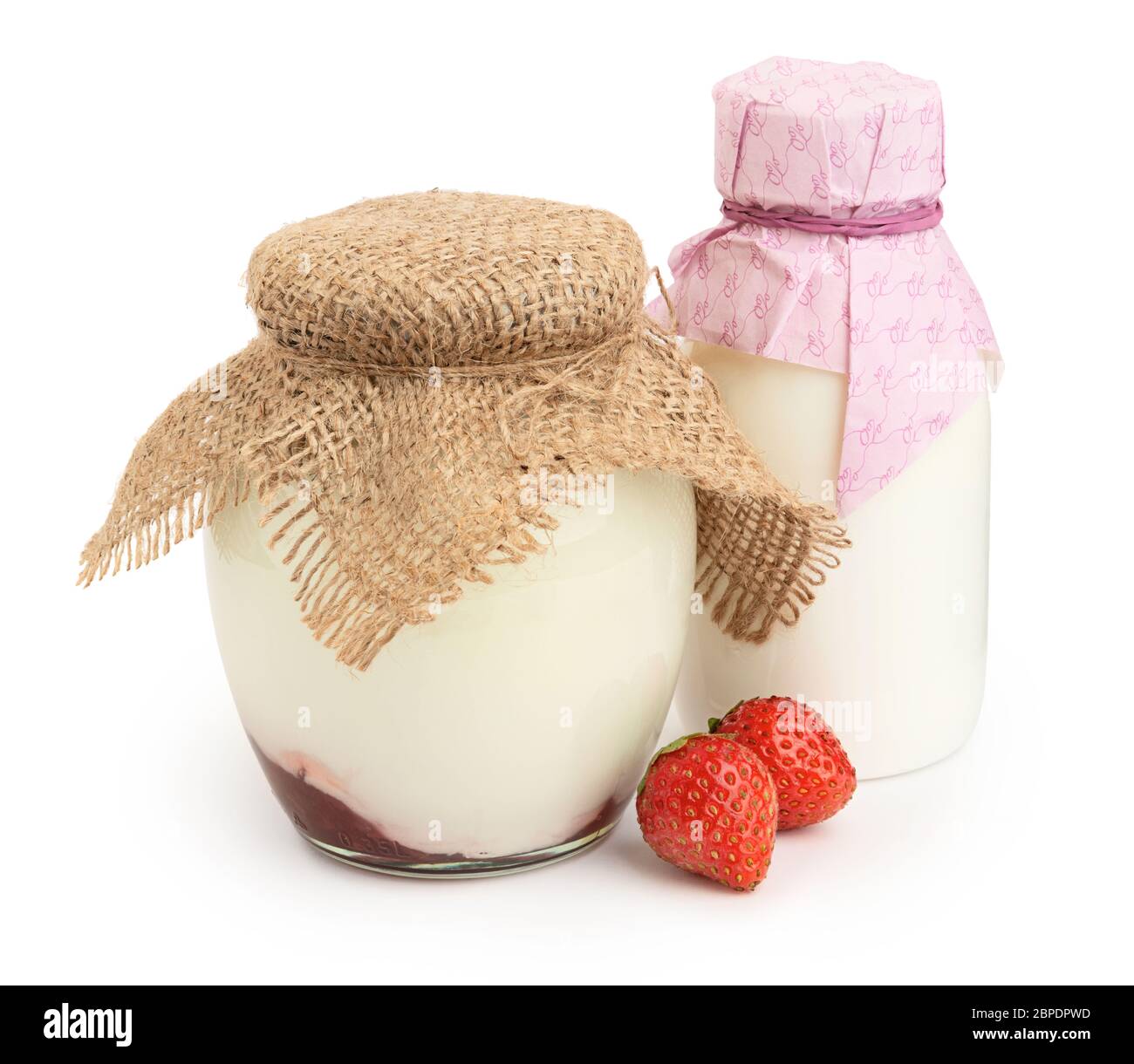 White and strawberry yogurts in glass jars Stock Photo
