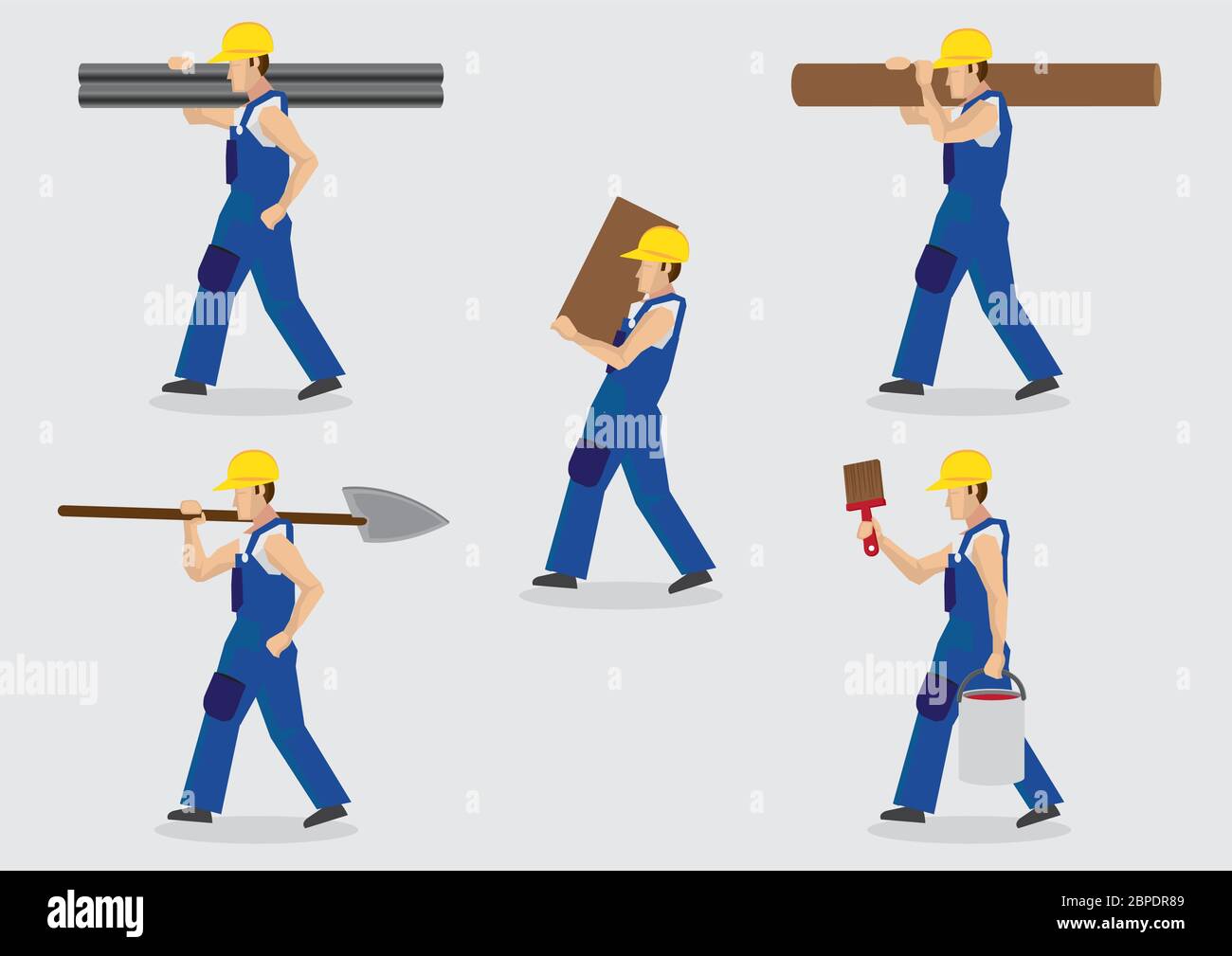 Set of five vector illustrations of cartoon construction worker