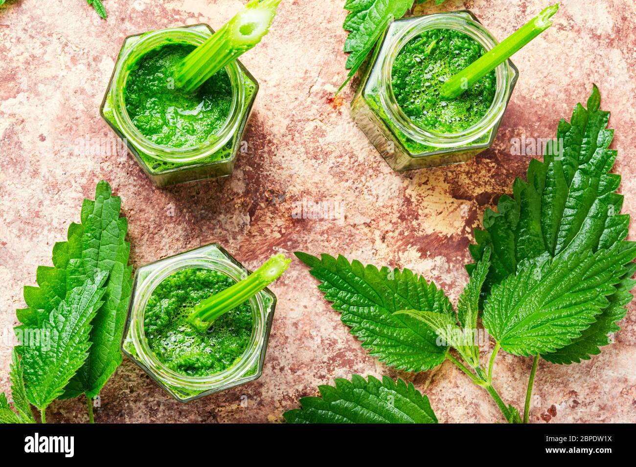 Green smoothie from nettle leaves.Green fresh healthy juice Stock Photo