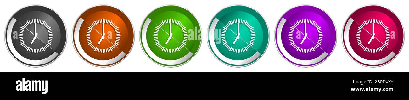 Time icon set, clock, watch silver metallic chrome border vector web ...