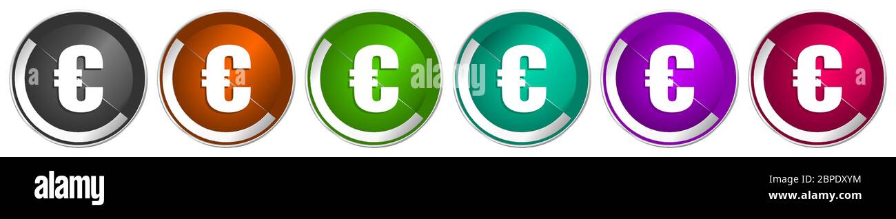 Euro icon set, silver metallic chrome border vector web buttons in 6 colors options for webdesign Stock Vector