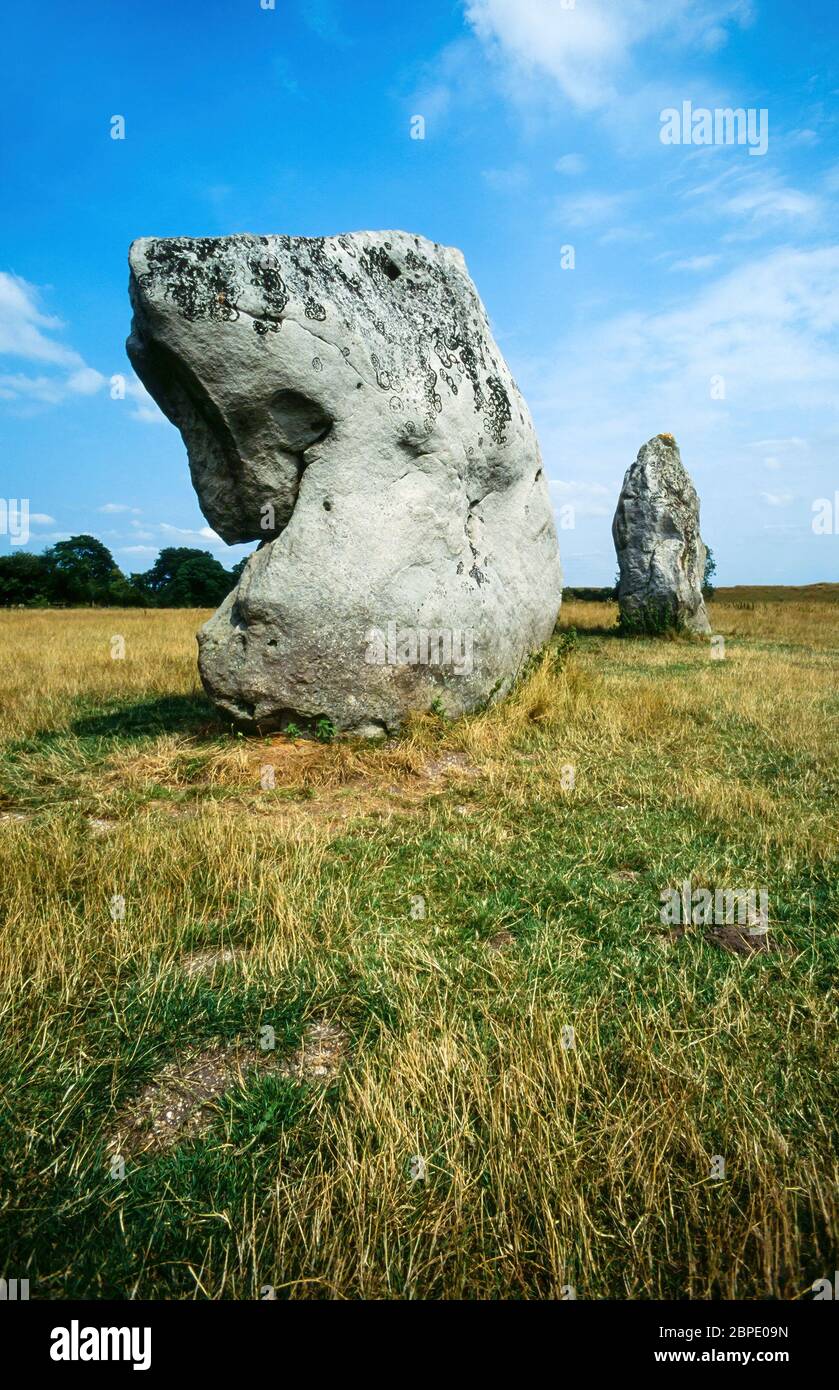 Standing stones at Avebury neolithic monument with blue sky above in Summer, Wiltshire, England, UK Stock Photo