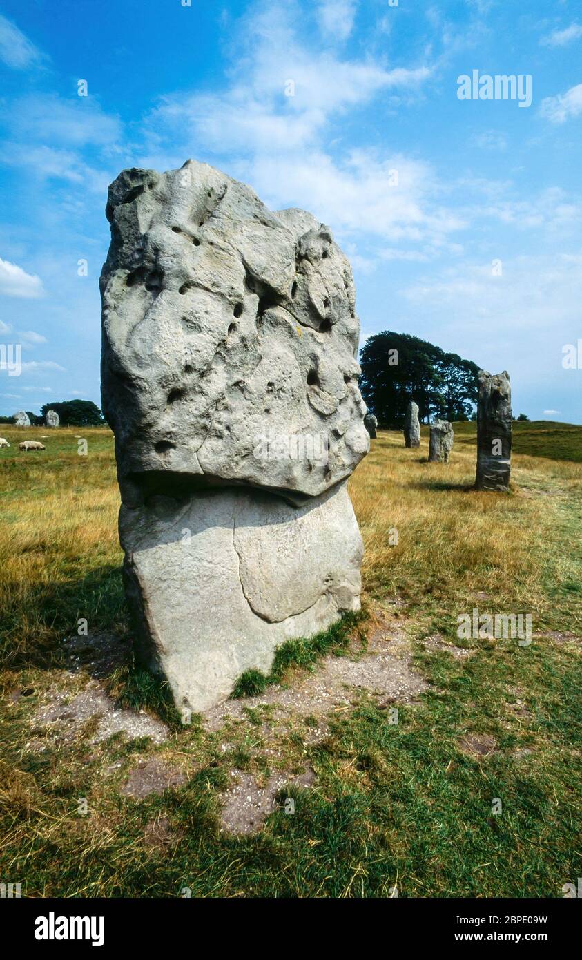 Standing stones at Avebury neolithic monument with blue sky above in Summer, Wiltshire, England, UK Stock Photo